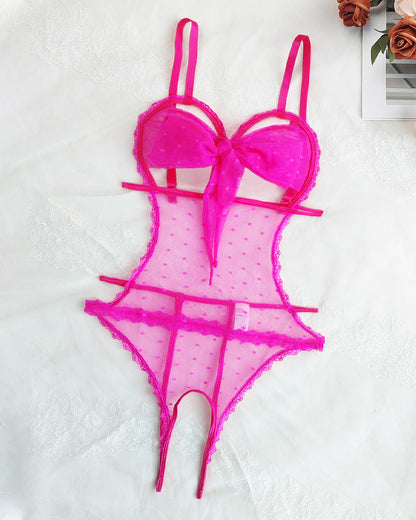 Sexy Floral Lace Bow Tie Open Crotch Hollow Polka Dot Mesh One-Piece Pajamas