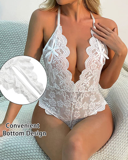 Deep V Sexy Lace Open Crotch Backless Heart Shaped Decoration One-Piece Pajamas