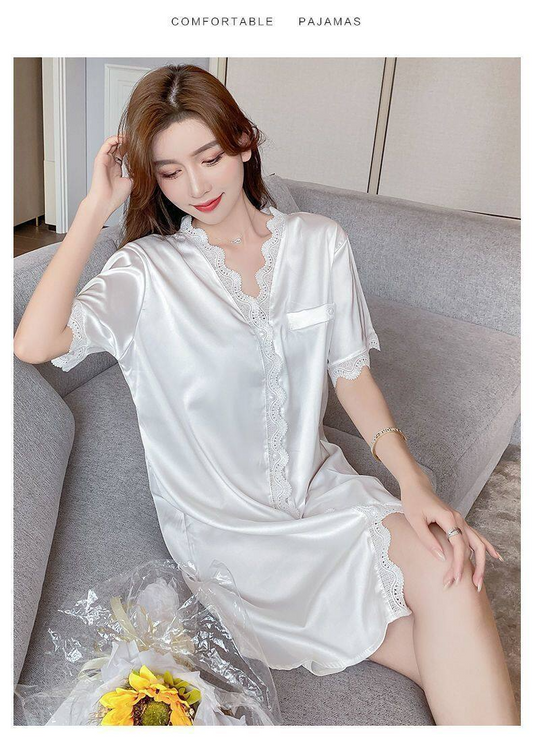 ELF TRIBE Pajamas Women Summer Ice Silk Breathable Cool Korean Style Luxury Nightgown Short-sleeved Sleepwear