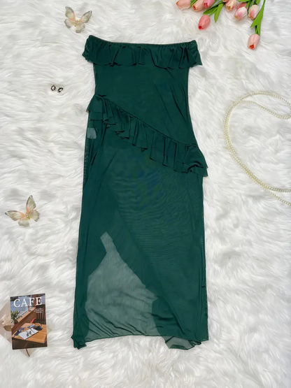 Sexy Green Ruched Bodycon Party Dress with Ruffle Detail