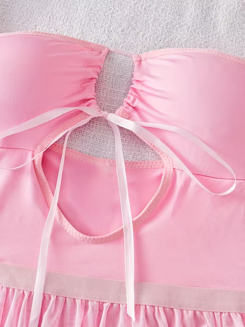 Elegant Pink Lace Off-Shoulder Lingerie Set with Garter & Gloves