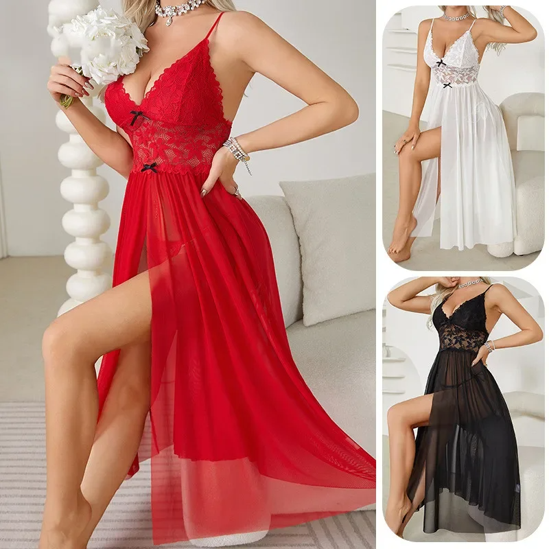 Sexy Chiffon Lace Nightdress – Backless Spaghetti Strap Sleepwear